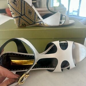 Saks Fifth Avenue White Wedges with Gold Accents
